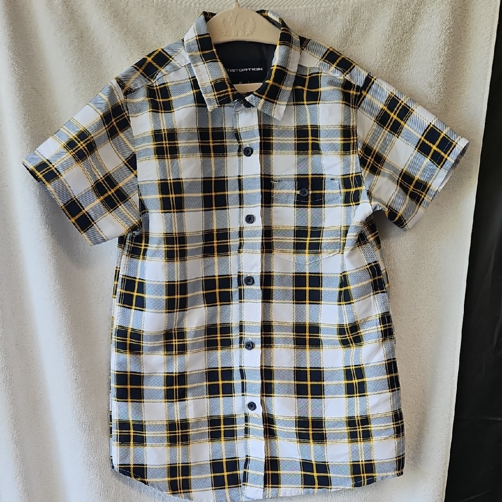 Boys' Short-Sleeve Plaid Button-Down Shirt — White, Navy & Yellow  Size 6